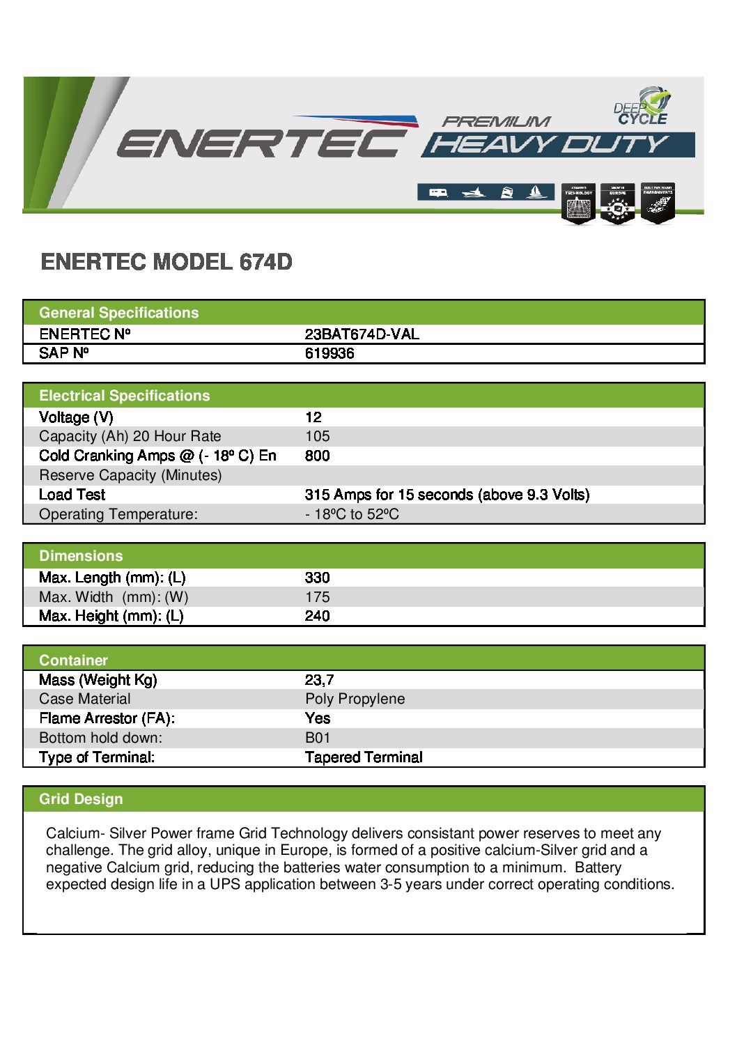 12V 105Ah Deep Cycle TAPER - ENERTEC - 0