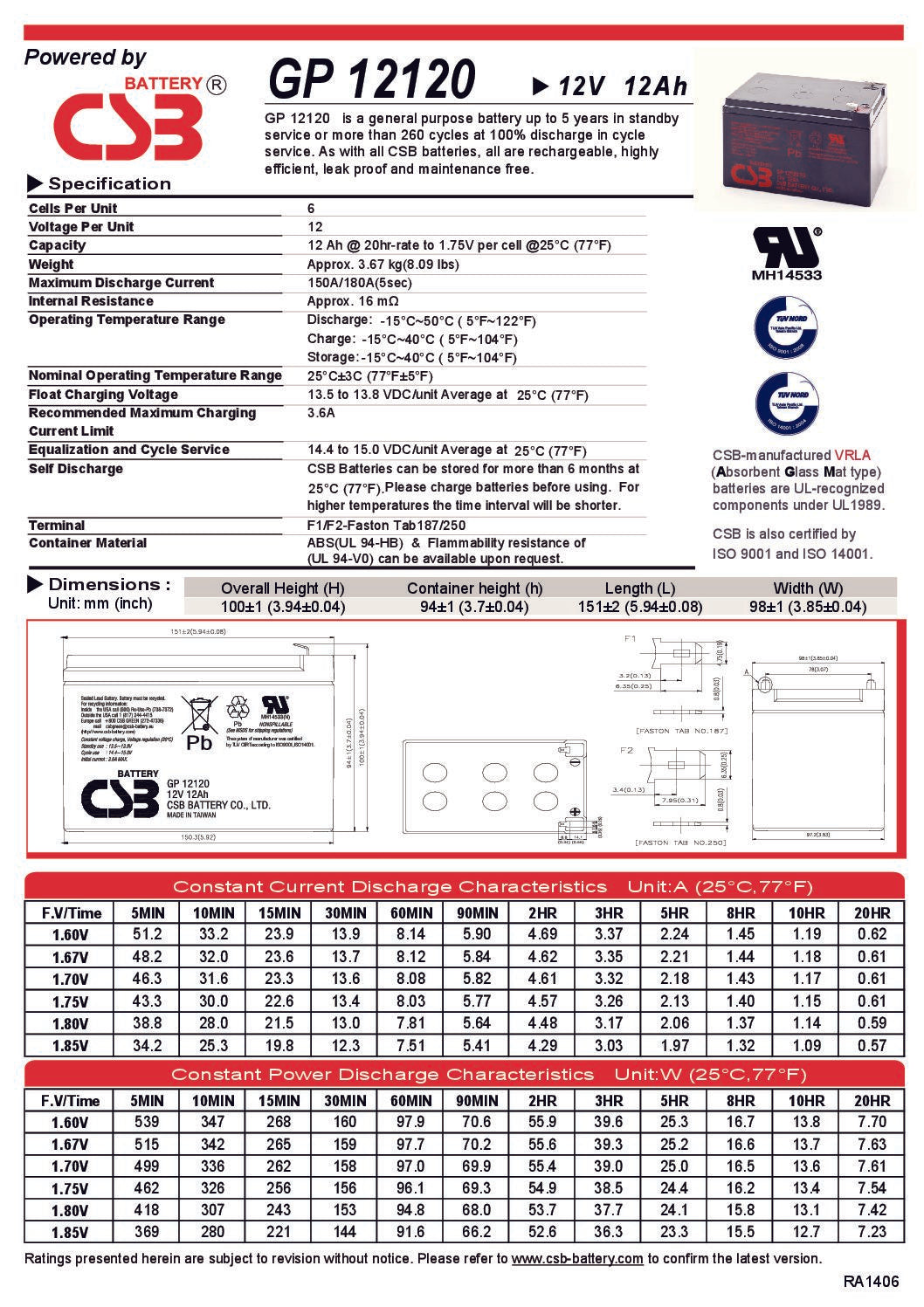 12V 12Ah CSB GP12120 - 0