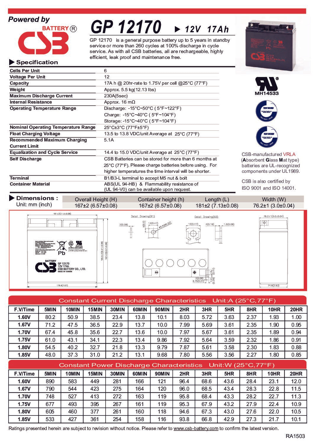 12V 17Ah CSB GP12170 - 0