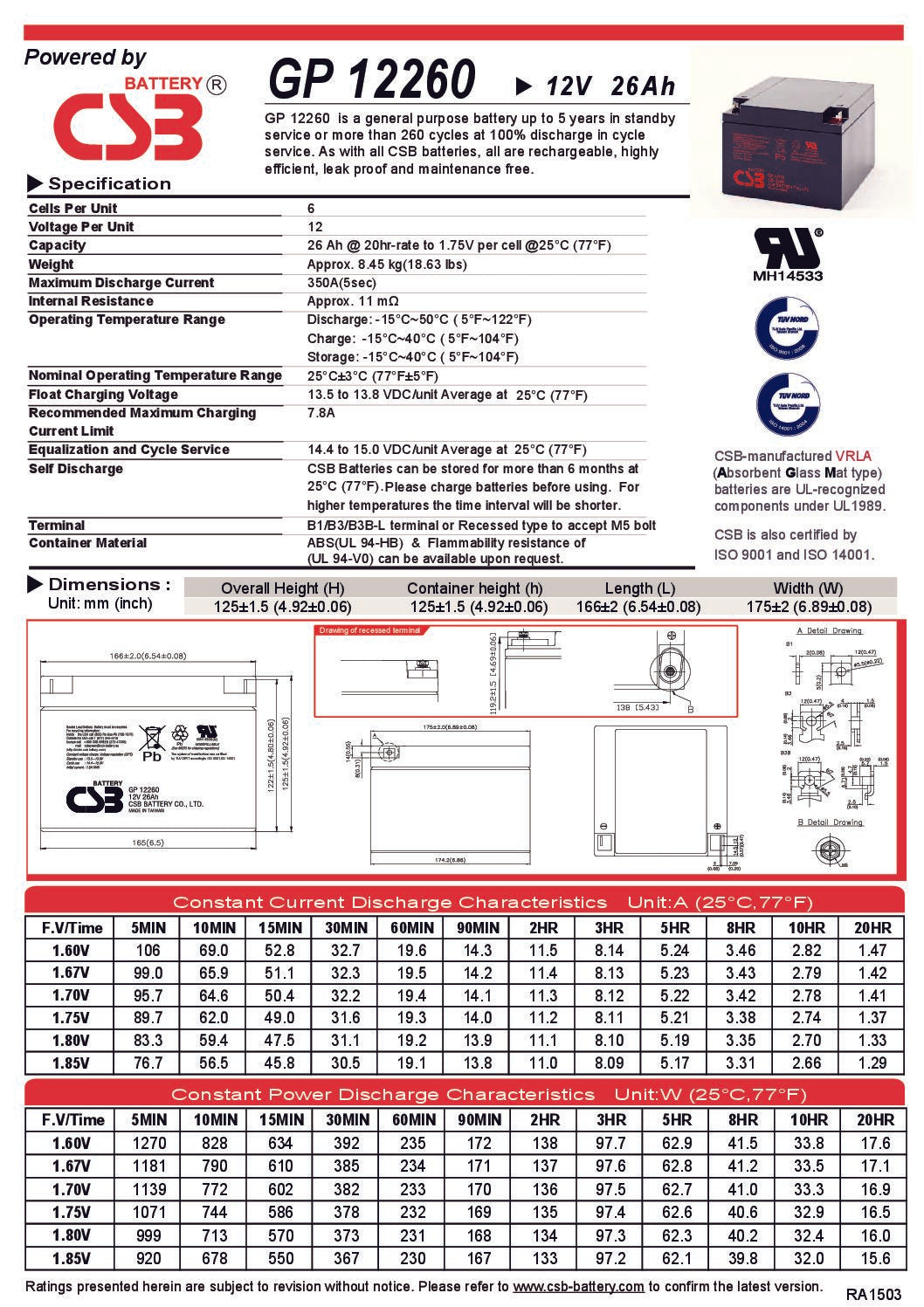 12v 26Ah CSB GP12260 - 0