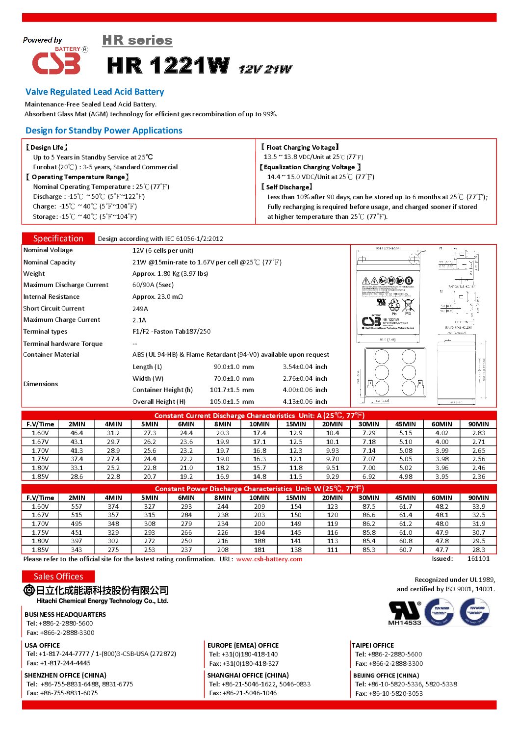 12V 5.2Ah CSB HR1221WF2 - 0