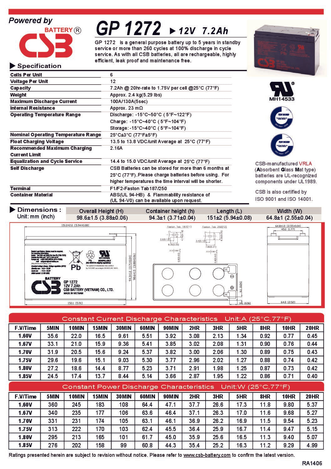 12V 7.2Ah CSB GP1272 - 0