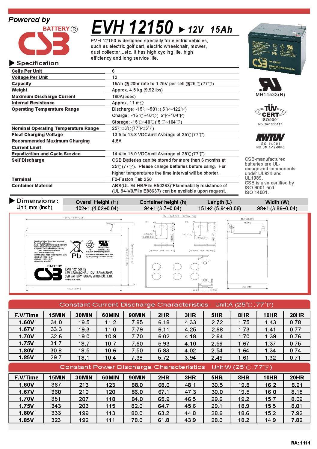 12V 15Ah EVX Traction Battery - EVX12150 - 0