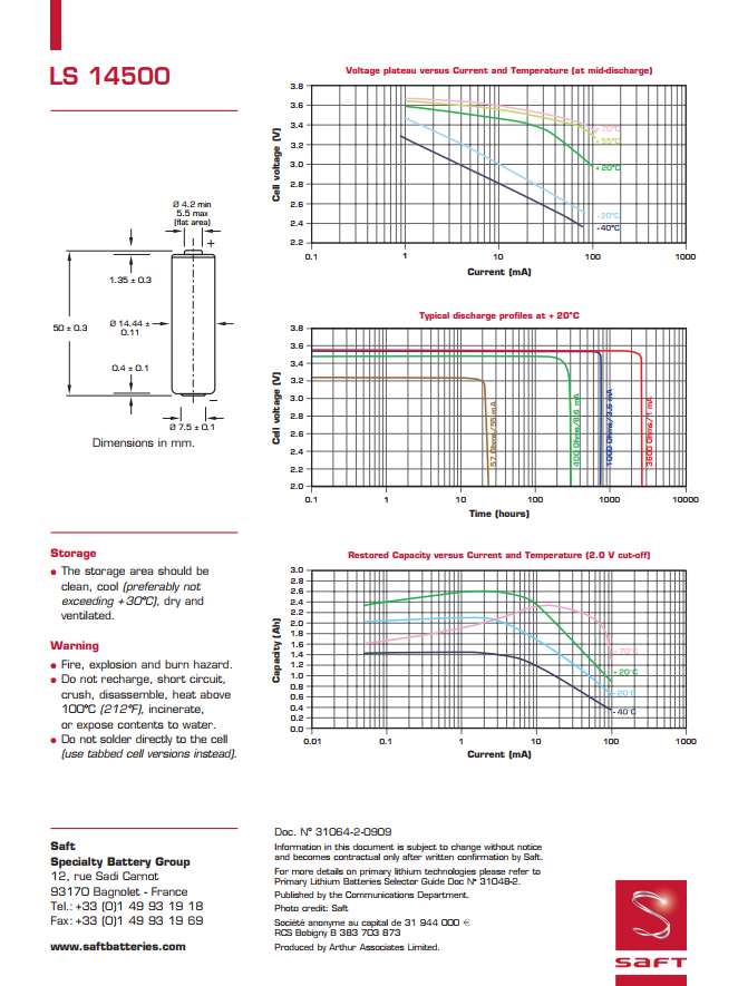 LS14500 AA SAFT 3.6v Lithium