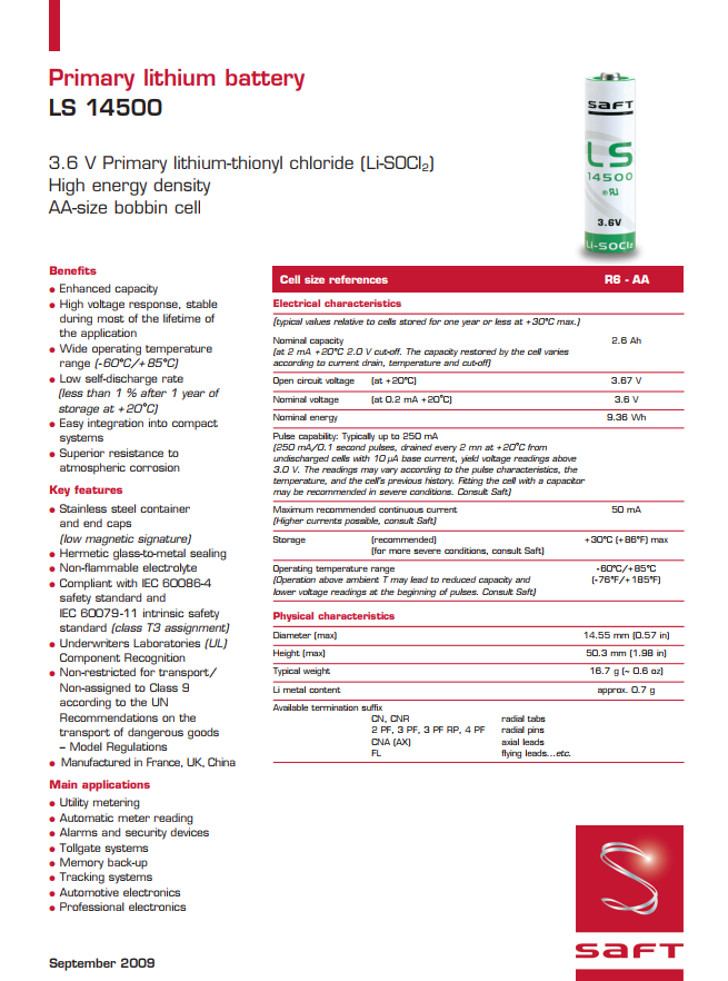 LS14500 AA SAFT 3.6v Lithium - 0