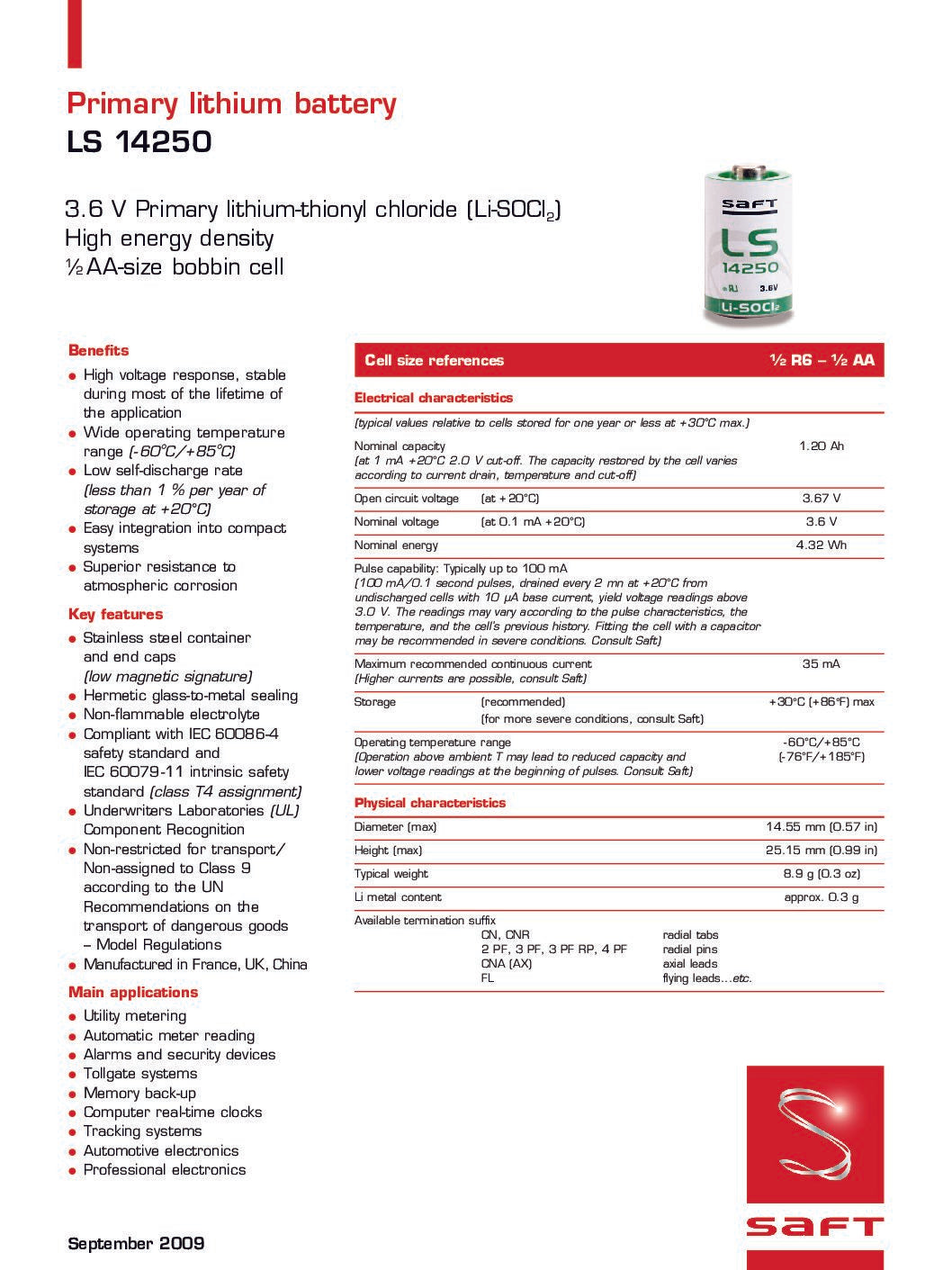 LS14250-CNA 1/2AA SAFT 3.6v Lithium - Axial