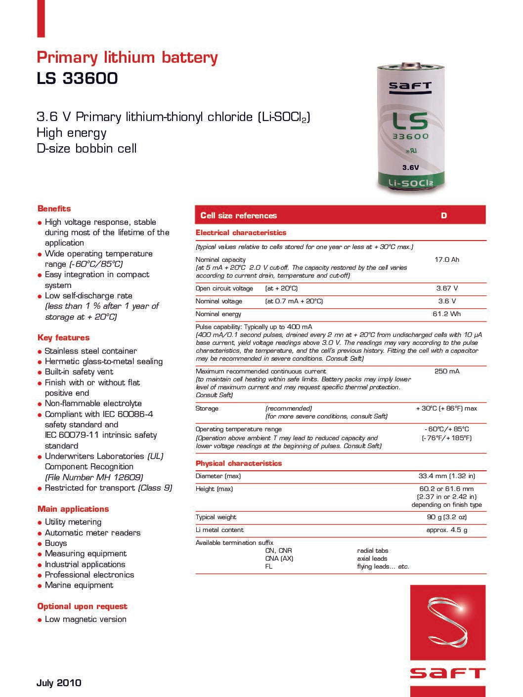 LS33600 D SAFT 3.6v Lithium - 0